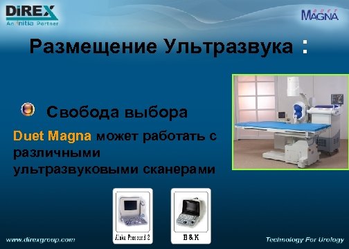 Размещение Ультразвука : Свобода выбора Duet Magna может работать с различными ультразвуковыми сканерами 