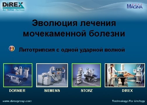 Эволюция лечения мочекаменной болезни Литотрипсия с одной ударной волной DORNIER SIEMENS STORZ DIREX 