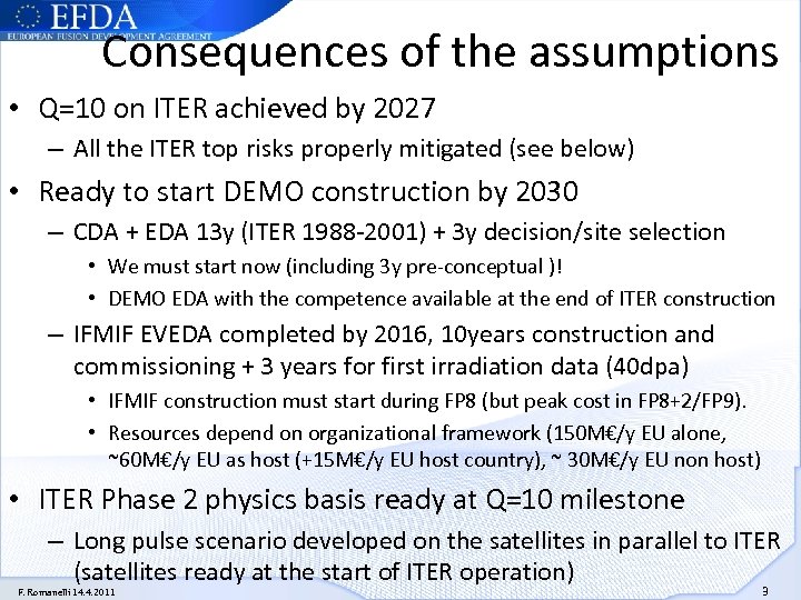 Consequences of the assumptions • Q=10 on ITER achieved by 2027 – All the