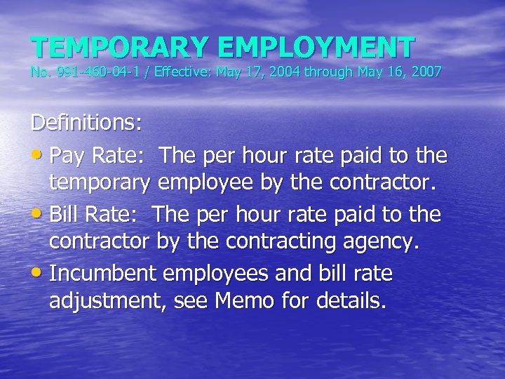 TEMPORARY EMPLOYMENT No. 991 -460 -04 -1 / Effective: May 17, 2004 through May