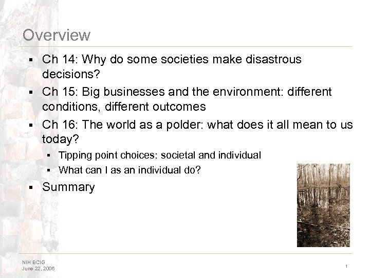 Overview Ch 14: Why do some societies make disastrous decisions? § Ch 15: Big