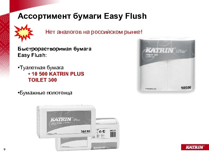 Ассортимент бумаги Easy Flush Нет аналогов на российском рынке! Быстрорастворимая бумага Easy Flush: •