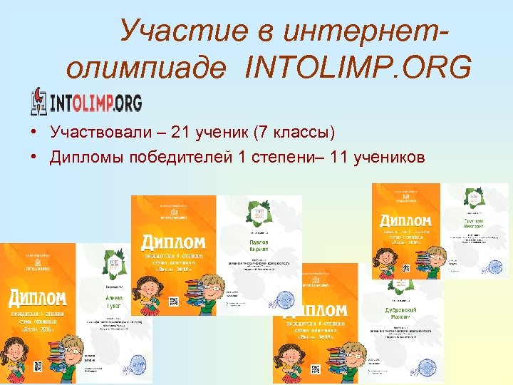  Участие в интернет- олимпиаде INTOLIMP. ORG • Участвовали – 21 ученик (7 классы)