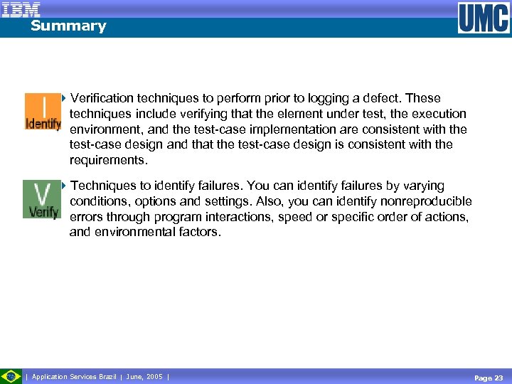 Summary 4 Verification techniques to perform prior to logging a defect. These techniques include