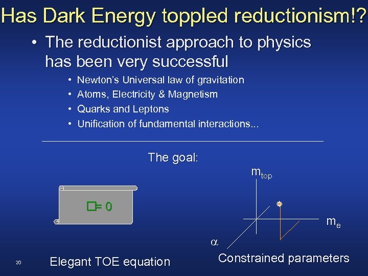 Has Dark Energy toppled reductionism!? • The reductionist approach to physics has been very