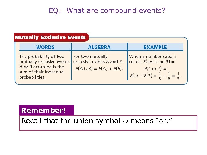 EQ: What are compound events? Remember! Recall that the union symbol means “or. ”