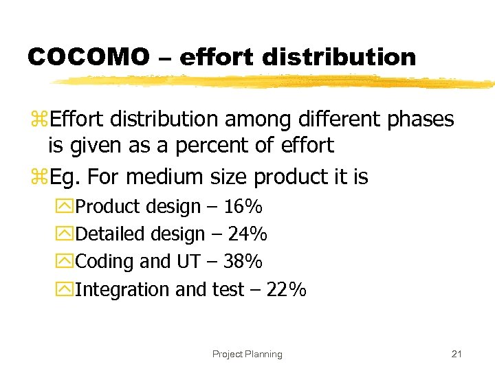 COCOMO – effort distribution z. Effort distribution among different phases is given as a