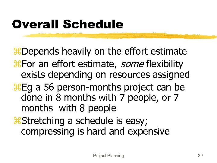 Overall Schedule z. Depends heavily on the effort estimate z. For an effort estimate,