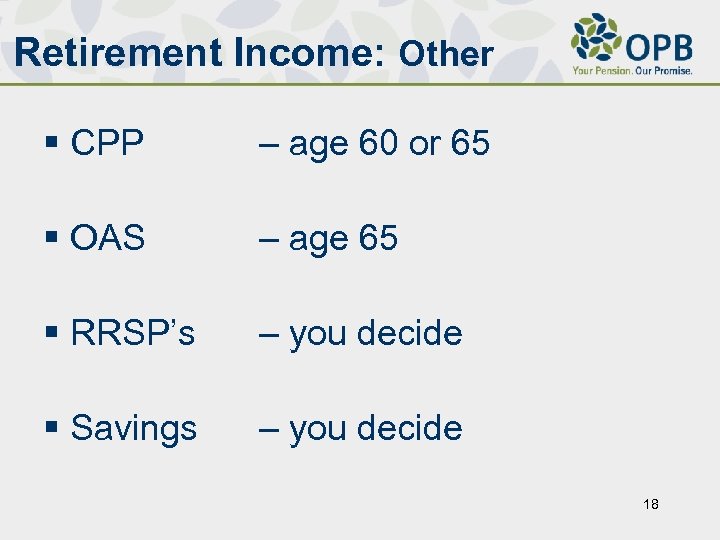 Retirement Income: Other § CPP – age 60 or 65 § OAS – age