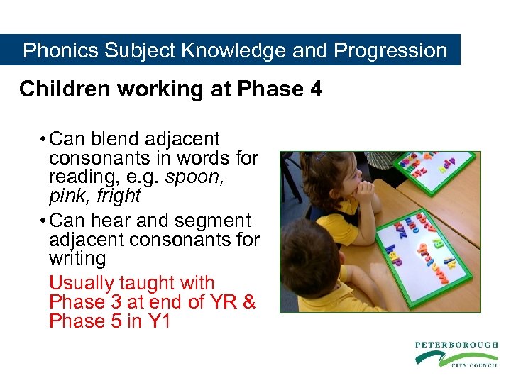  Phonics Subject Knowledge and Progression Children working at Phase 4 • Can blend