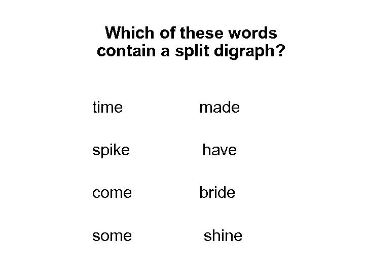 Which of these words contain a split digraph? time made spike have come bride