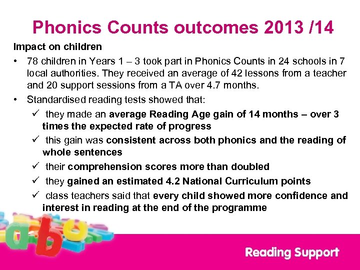 Phonics Counts outcomes 2013 /14 Impact on children • 78 children in Years 1