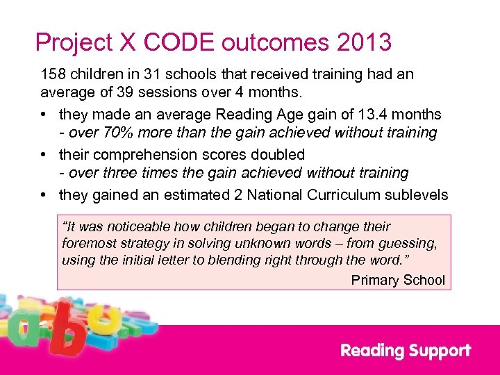 Project X CODE outcomes 2013 158 children in 31 schools that received training had