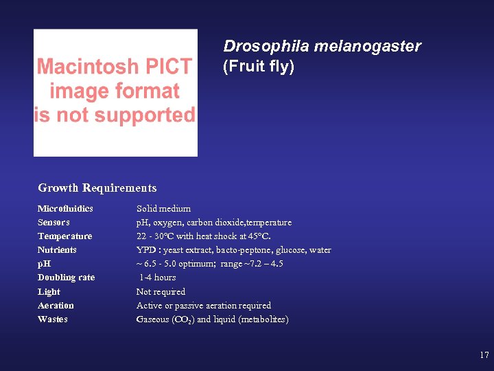 Drosophila melanogaster (Fruit fly) Growth Requirements Microfluidics Sensors Temperature Nutrients p. H Doubling rate