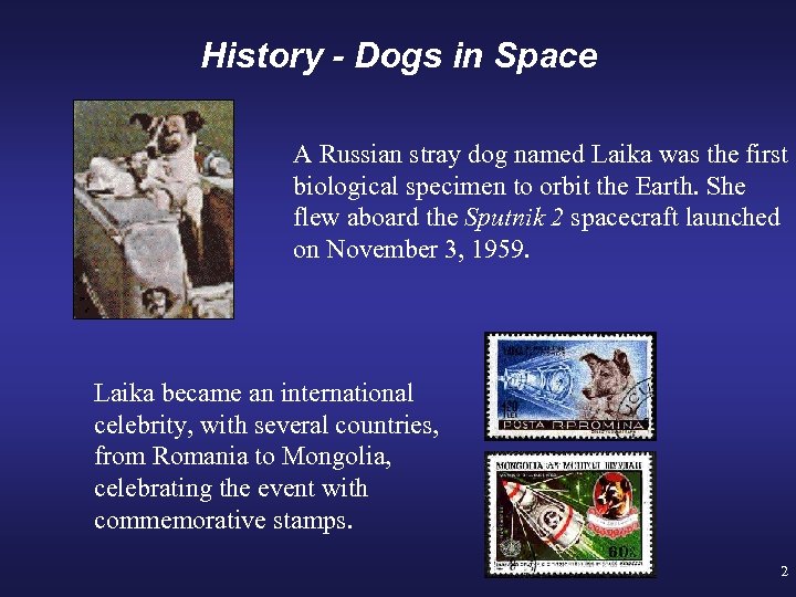 History - Dogs in Space A Russian stray dog named Laika was the first