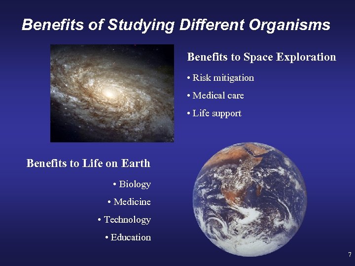 Benefits of Studying Different Organisms Benefits to Space Exploration • Risk mitigation • Medical