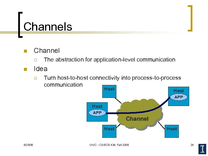 Channels n Channel ¡ n The abstraction for application-level communication Idea ¡ Turn host-to-host