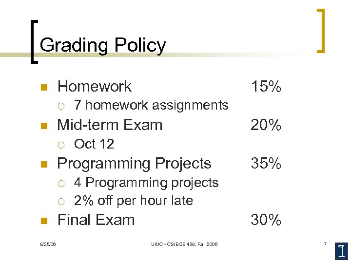 Grading Policy n Homework ¡ n ¡ 8/25/06 20% Oct 12 Programming Projects ¡