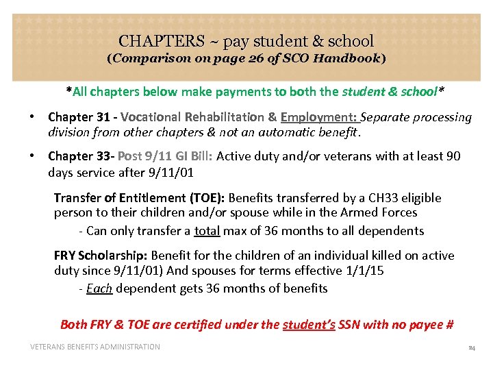 CHAPTERS ~ pay student & school (Comparison on page 26 of SCO Handbook) *All