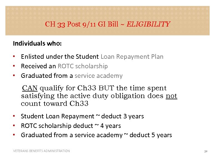 CH 33 Post 9/11 GI Bill ~ ELIGIBILITY Individuals who: Enlisted under the Student