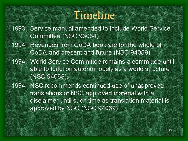 Timeline 1993 Service manual amended to include World Service Committee (NSC 93034). 1994 Revenues