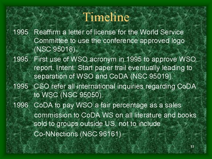 Timeline 1995 Reaffirm a letter of license for the World Service Committee to use