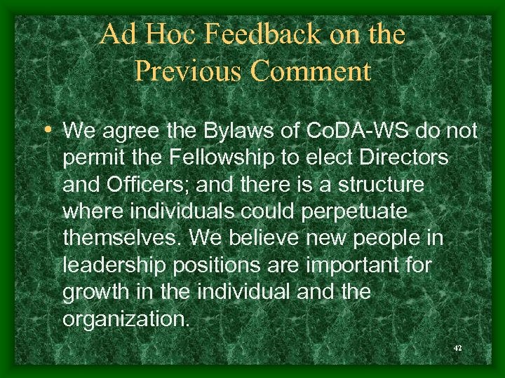 Ad Hoc Feedback on the Previous Comment • We agree the Bylaws of Co.