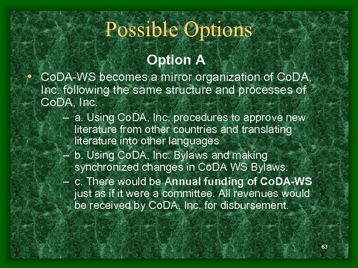 Possible Options Option A • Co. DA-WS becomes a mirror organization of Co. DA,