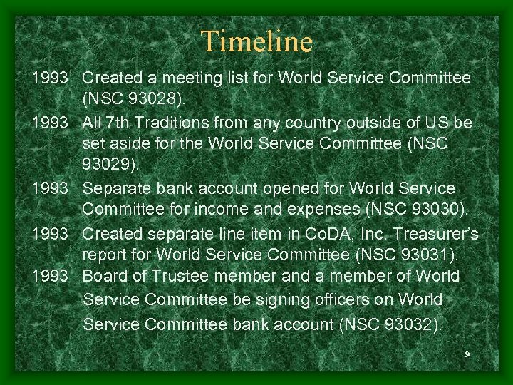Timeline 1993 Created a meeting list for World Service Committee (NSC 93028). 1993 All