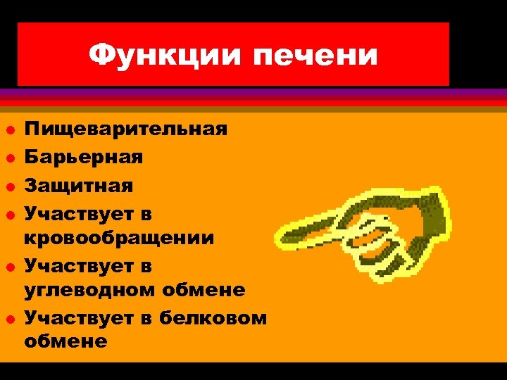Функции печени l l l Пищеварительная Барьерная Защитная Участвует в кровообращении Участвует в углеводном