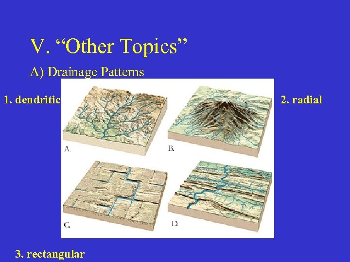 V. “Other Topics” A) Drainage Patterns 1. dendritic 3. rectangular 2. radial 