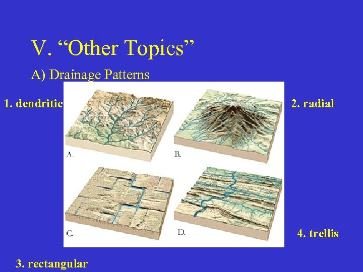V. “Other Topics” A) Drainage Patterns 1. dendritic 2. radial 4. trellis 3. rectangular