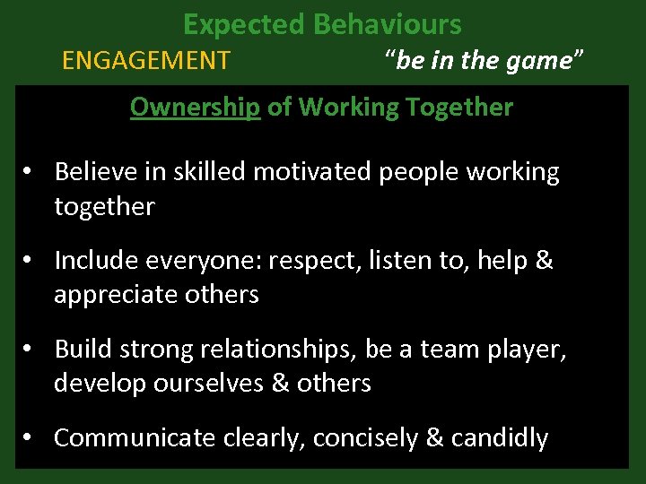 Expected Behaviours ENGAGEMENT “be in the game” Ownership of Working Together • Believe in