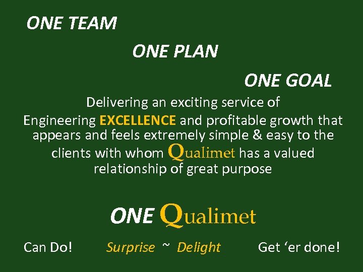 ONE TEAM ONE PLAN ONE GOAL Delivering an exciting service of Engineering EXCELLENCE and