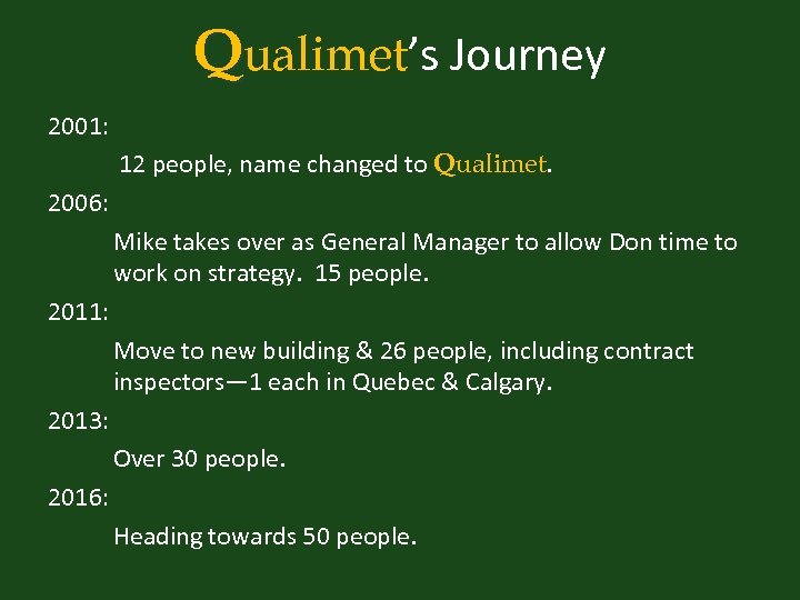 Qualimet’s Journey 2001: 12 people, name changed to Qualimet. 2006: Mike takes over as