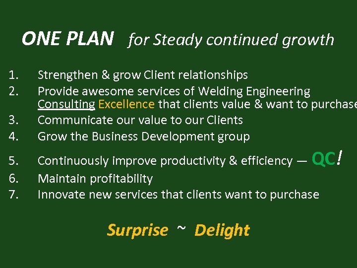 ONE PLAN for Steady continued growth 1. 2. 3. 4. Strengthen & grow Client