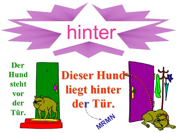 hinter Der Hund steht vor der Tür. Dieser Hund liegt hinter r der Tür.