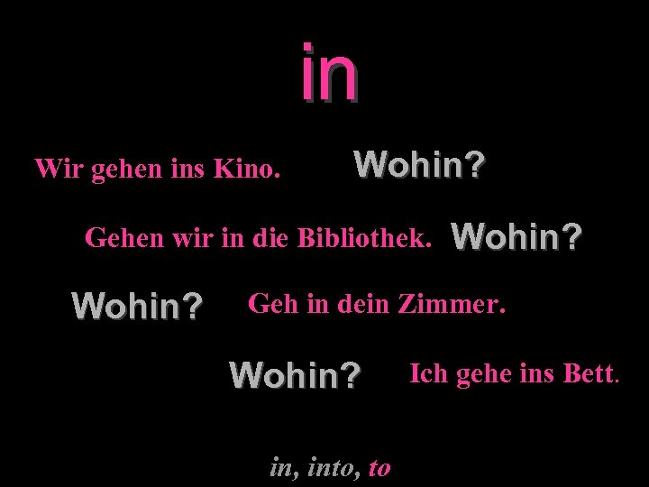 in Wir gehen ins Kino. Wohin? Gehen wir in die Bibliothek. Wohin? Geh in