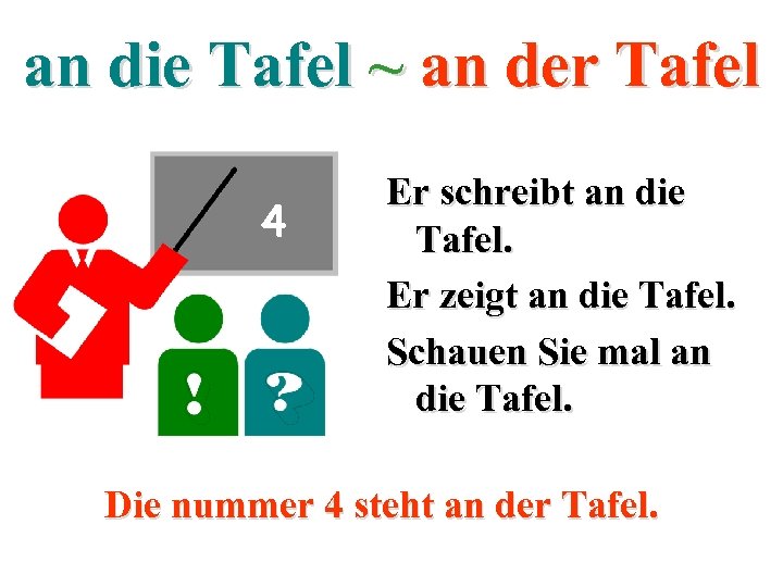 an die Tafel ~ an der Tafel 4 Er schreibt an die Tafel. Er