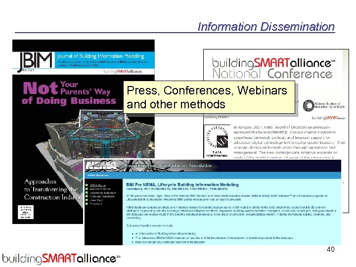 Information Dissemination Press, Conferences, Webinars and other methods 40 