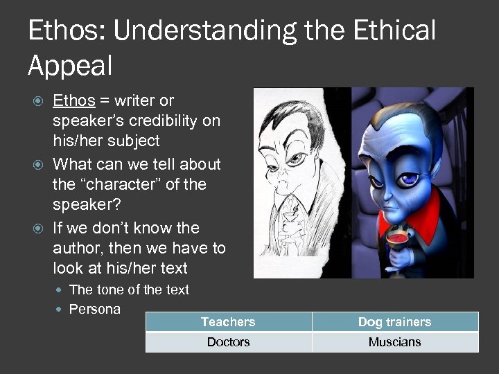 Ethos: Understanding the Ethical Appeal Ethos = writer or speaker’s credibility on his/her subject