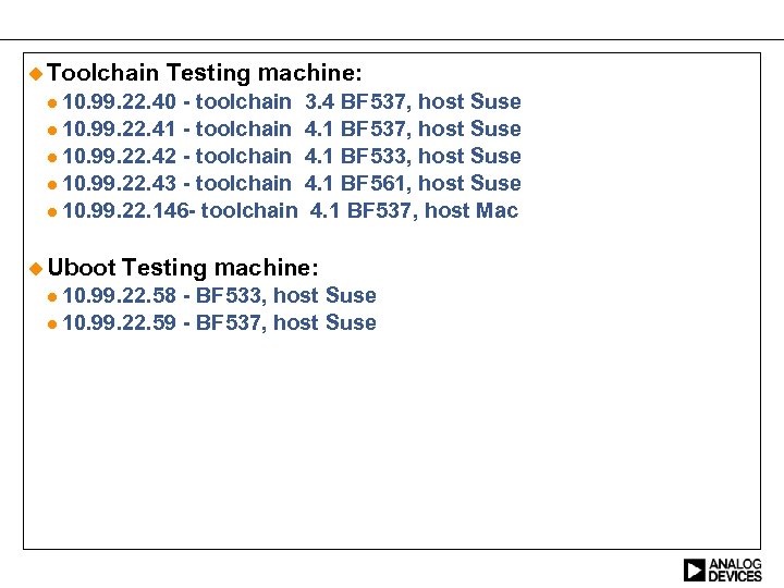  Toolchain Testing machine: 10. 99. 22. 40 - toolchain 3. 4 BF 537,