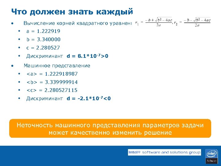 Что должен знать каждый • Вычисление корней квадратного уравнения • • • a =