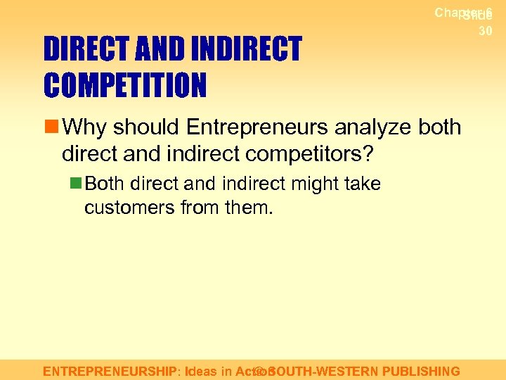 DIRECT AND INDIRECT COMPETITION Chapter 6 Slide 30 n Why should Entrepreneurs analyze both