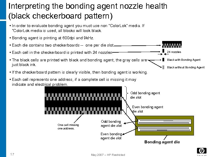 Interpreting the bonding agent nozzle health (black checkerboard pattern) • In order to evaluate