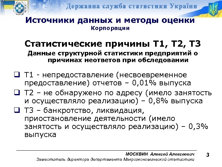 Источники данных и методы оценки Корпорации Статистические причины Т 1, Т 2, Т 3