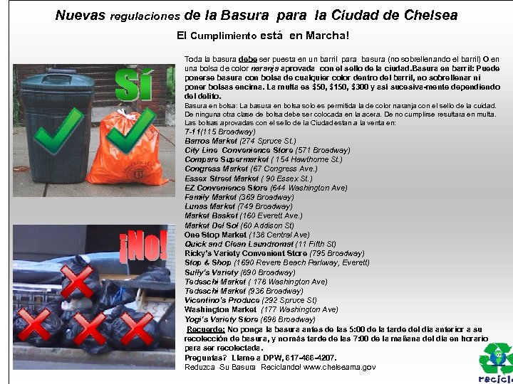 Nuevas regulaciones de la Basura para la Ciudad de Chelsea El Cumplimiento está en