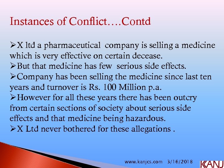 Instances of Conflict…. Contd ØX ltd a pharmaceutical company is selling a medicine which