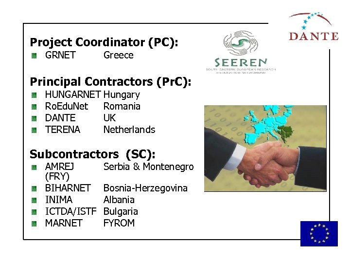 Project Coordinator (PC): GRNET Greece Principal Contractors (Pr. C): HUNGARNET Hungary Ro. Edu. Net