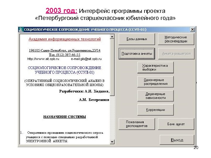2003 год: Интерфейс программы проекта «Петербургский старшеклассник юбилейного года» 20 